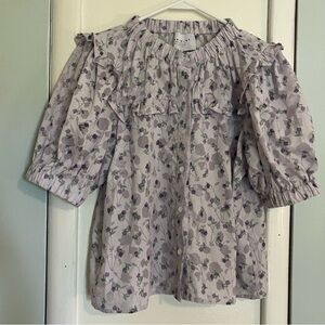 The‎ Shirt Rochelle Behrens Floral Puff Sleeve Ruffle Neck Blouse Top Womens M